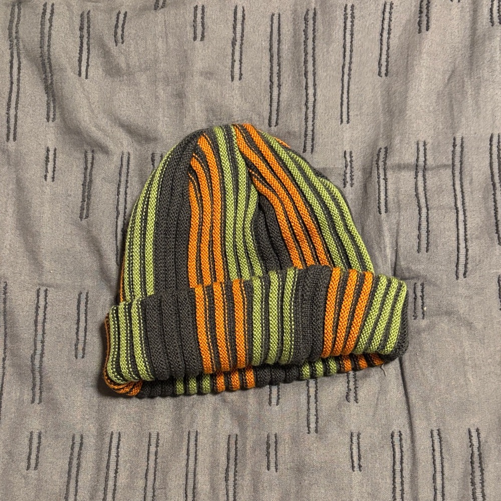 Patagonia Striped Knit Beanie - Orange, Green, and Gray